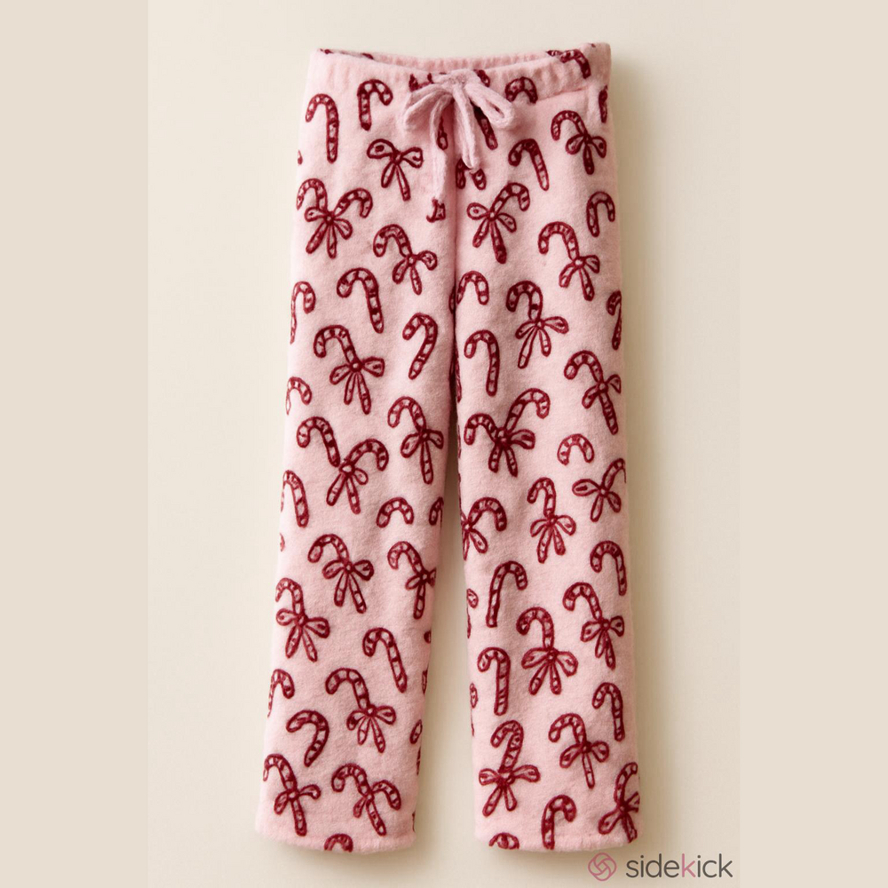 lounge pants pink plush with red candy- canes & bow print. XL